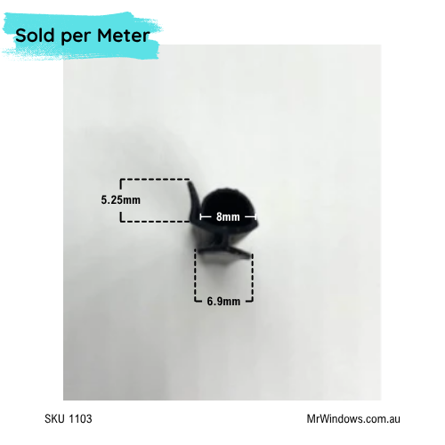 Bifold Bulb Seal - 6.9mm back x 8mm x 5mm high + 5mm leg - Sold per meter