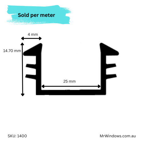 Vinyl - Glazing Window U (wrap around) Channel suits 25mm Glass - AWS- Sold per meter