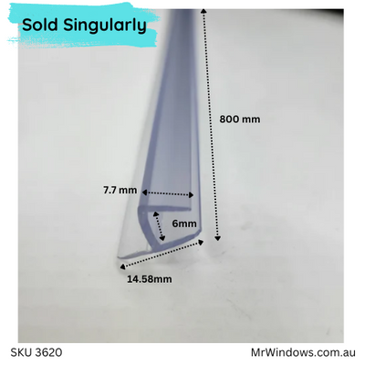 Shower glass hinge water seal - suits 6mm glass - 800mm long