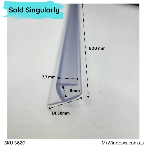 Shower glass hinge water seal - suits 6mm glass - 800mm long
