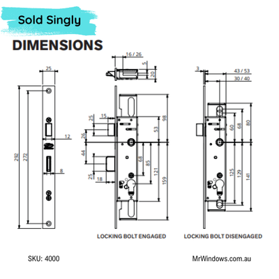 DS2800 Lift To Lock Mortice Lock Body - 30mm Backset