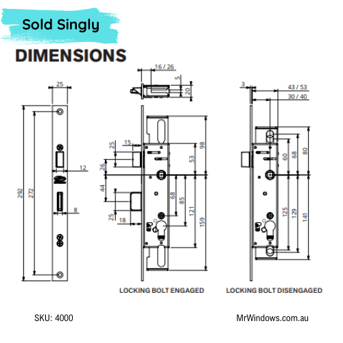 DS2800 Lift To Lock Mortice Lock Body - 30mm Backset