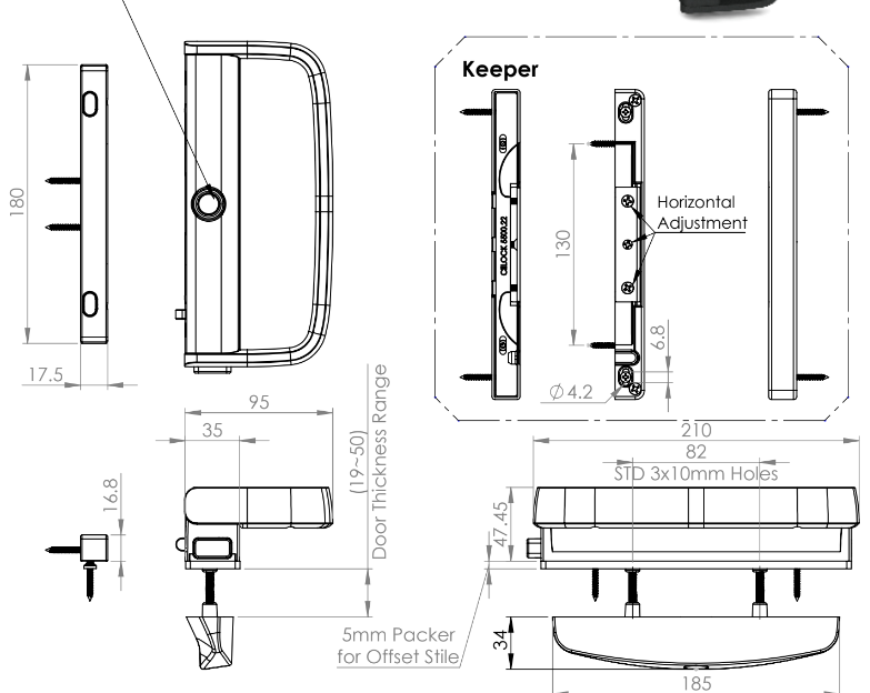 Sliding door handle- suits CiiLock doors- Full Kit- Non-Keyed