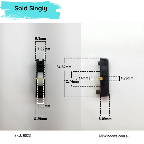 Sliding showcase roller - 7.4mm wide- Sold singly