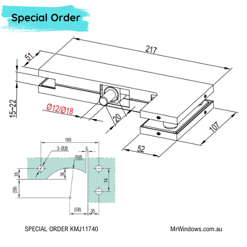 Glass Door Patch 200kg Series to suit Frameless Glass Door by Kin Long - SPECIAL ORDER